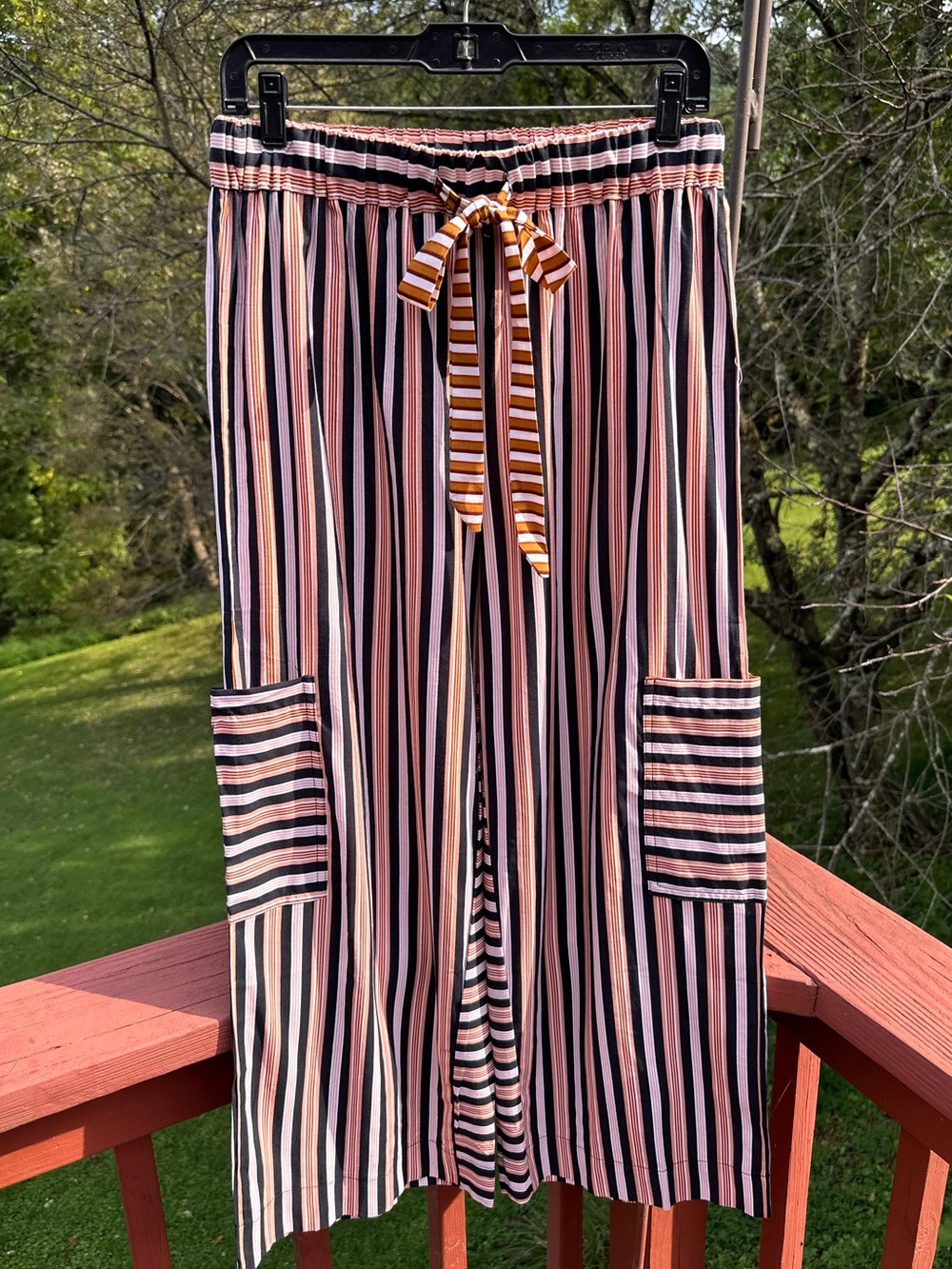 Orange, White & Black Striped Wide-Leg Pants With Patch Pockets